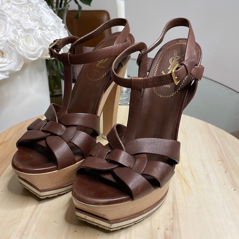 YSL Saint Laurent Tribute Wood Sandal Heels 37.5